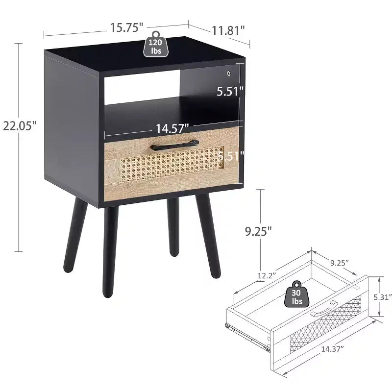 Tavolino in rattan con cassetto e gambe in legno massello, comodino/tavolino per soggiorno, camera da letto, nero