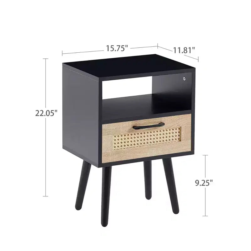 Tavolino in rattan con cassetto e gambe in legno massello, comodino/tavolino per soggiorno, camera da letto, nero