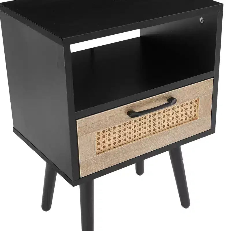 Tavolino in rattan con cassetto e gambe in legno massello, comodino/tavolino per soggiorno, camera da letto, nero