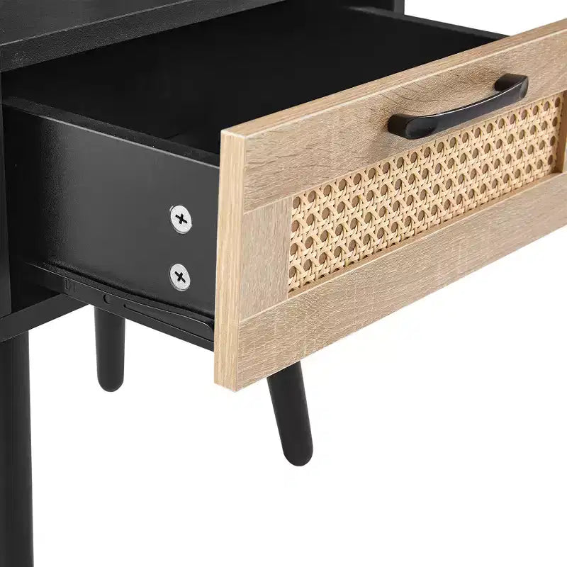 Tavolino in rattan con cassetto e gambe in legno massello, comodino/tavolino per soggiorno, camera da letto, nero