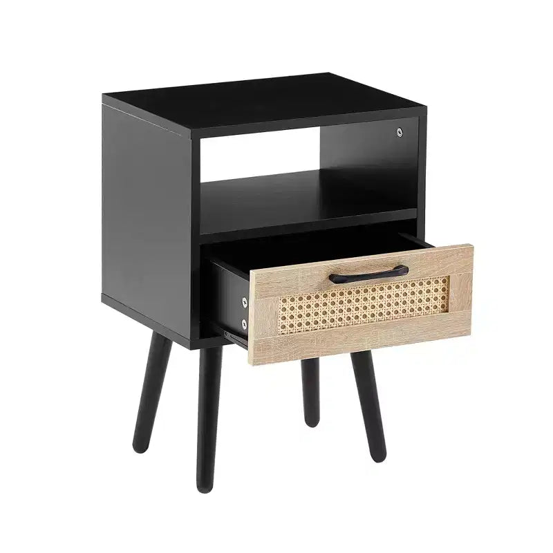 Tavolino in rattan con cassetto e gambe in legno massello, comodino/tavolino per soggiorno, camera da letto, nero