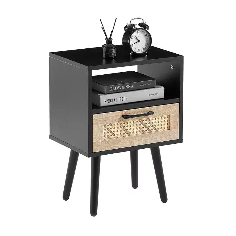 Tavolino in rattan con cassetto e gambe in legno massello, comodino/tavolino per soggiorno, camera da letto, nero