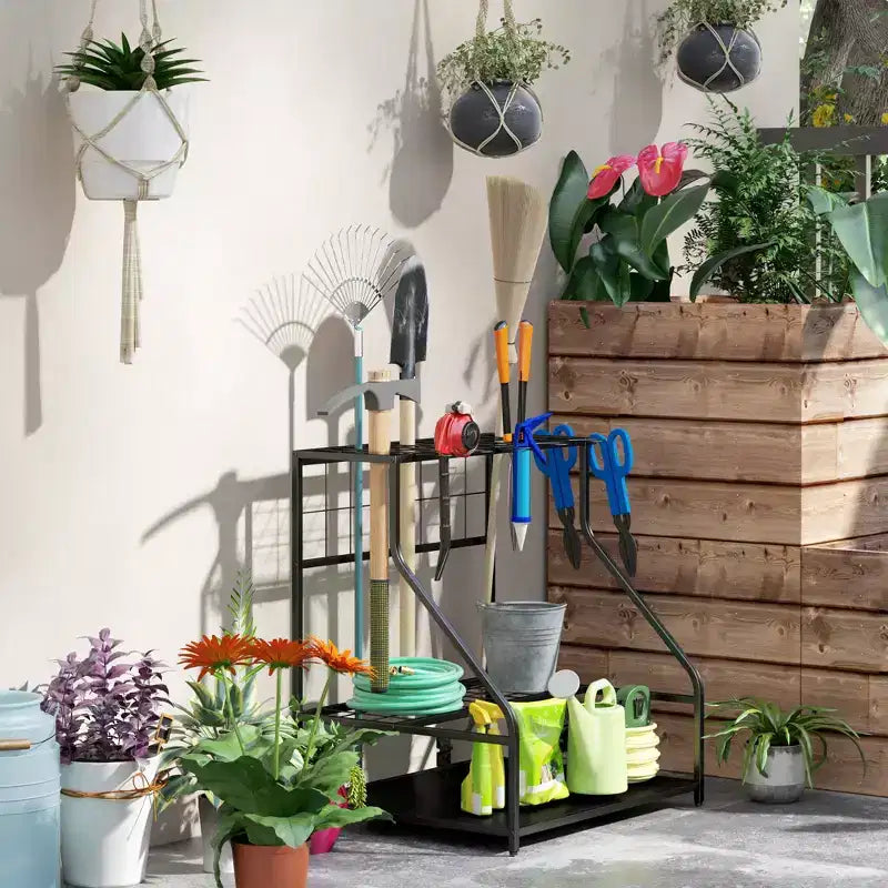 Organizzatore porta attrezzi da giardino per garage, scaffale porta attrezzi da giardinaggio a 3 ripiani con ganci