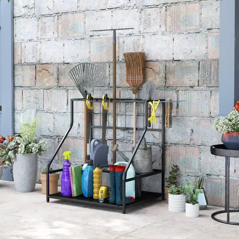 Organizzatore porta attrezzi da giardino per garage, scaffale porta attrezzi da giardinaggio a 3 ripiani con ganci