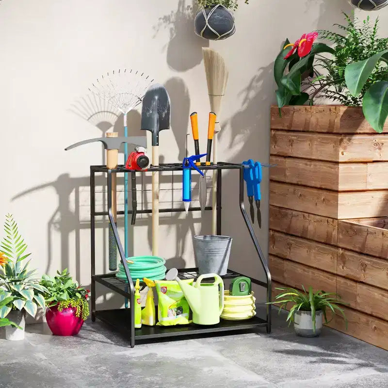 Organizzatore porta attrezzi da giardino per garage, scaffale porta attrezzi da giardinaggio a 3 ripiani con ganci