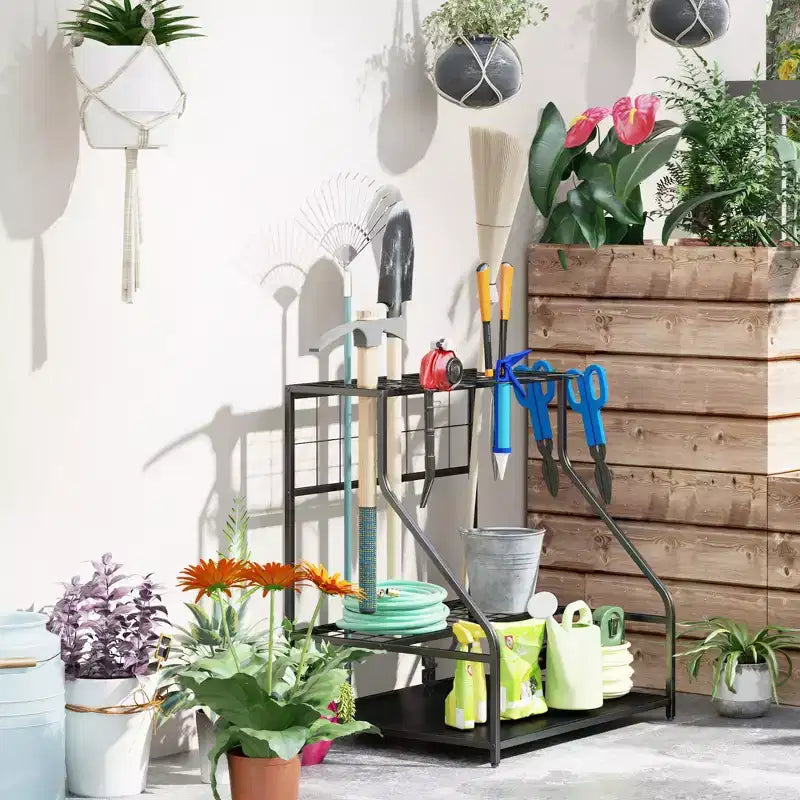 Organizzatore porta attrezzi da giardino per garage, scaffale porta attrezzi da giardinaggio a 3 ripiani con ganci