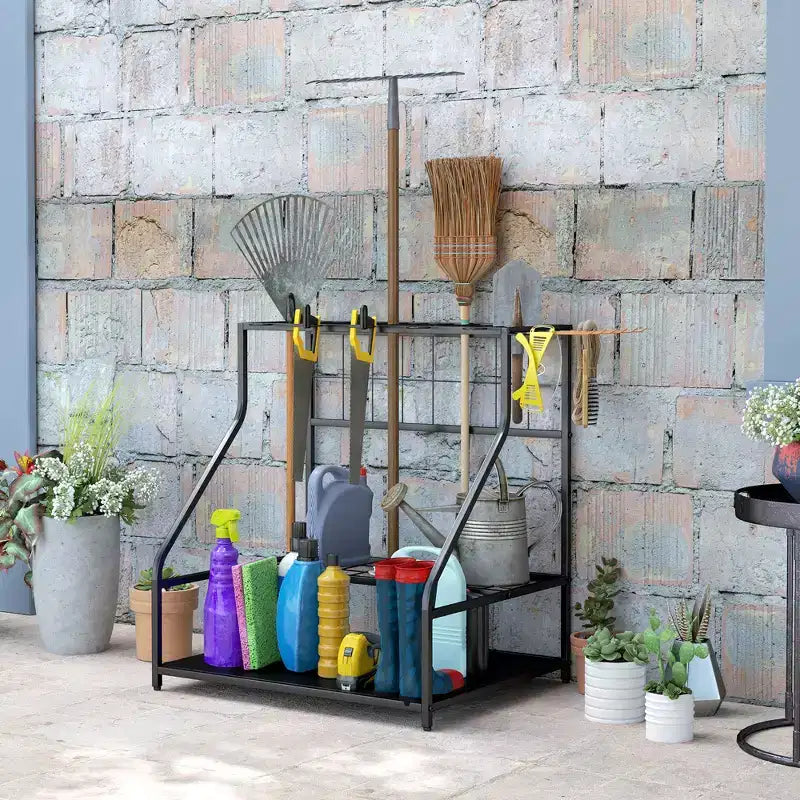 Organizzatore porta attrezzi da giardino per garage, scaffale porta attrezzi da giardinaggio a 3 ripiani con ganci