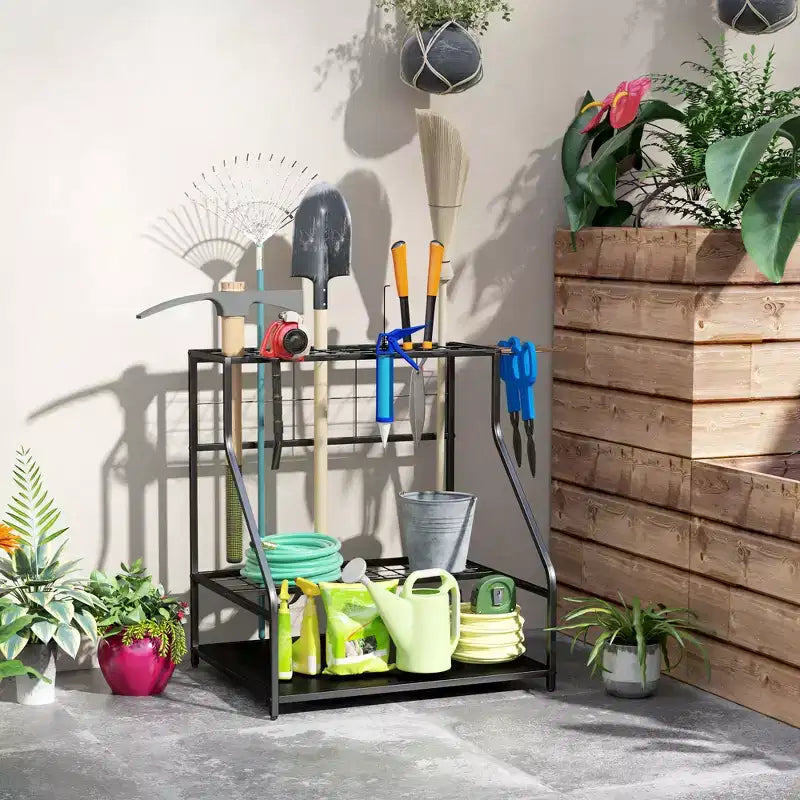 Organizzatore porta attrezzi da giardino per garage, scaffale porta attrezzi da giardinaggio a 3 ripiani con ganci