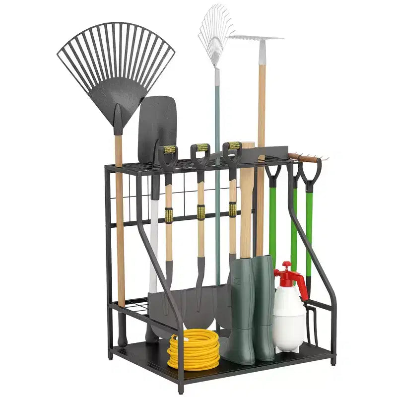 Organizzatore porta attrezzi da giardino per garage, scaffale porta attrezzi da giardinaggio a 3 ripiani con ganci