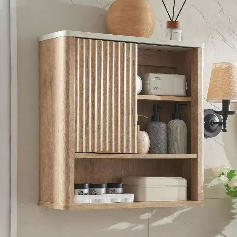 Pensile da bagno con anta scorrevole, Armadietto pensile in legno con ripiano regolabile e piano in finto marmo, Sopra il WC, Mobiletto da bagno