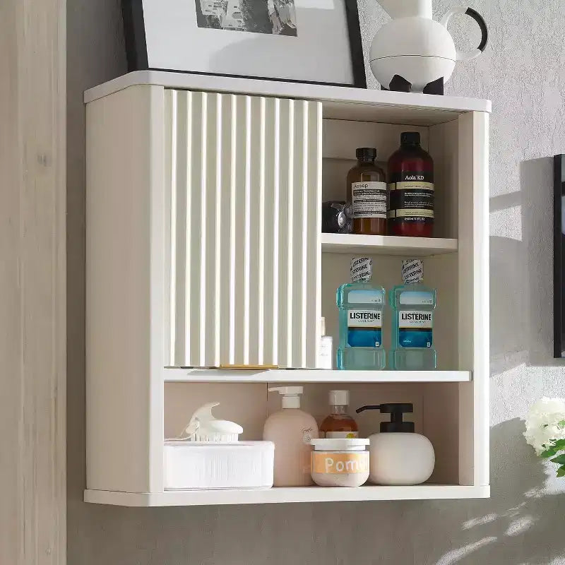 Pensile da bagno con anta scorrevole, Armadietto pensile in legno con ripiano regolabile e piano in finto marmo, Sopra il WC, Mobiletto da bagno