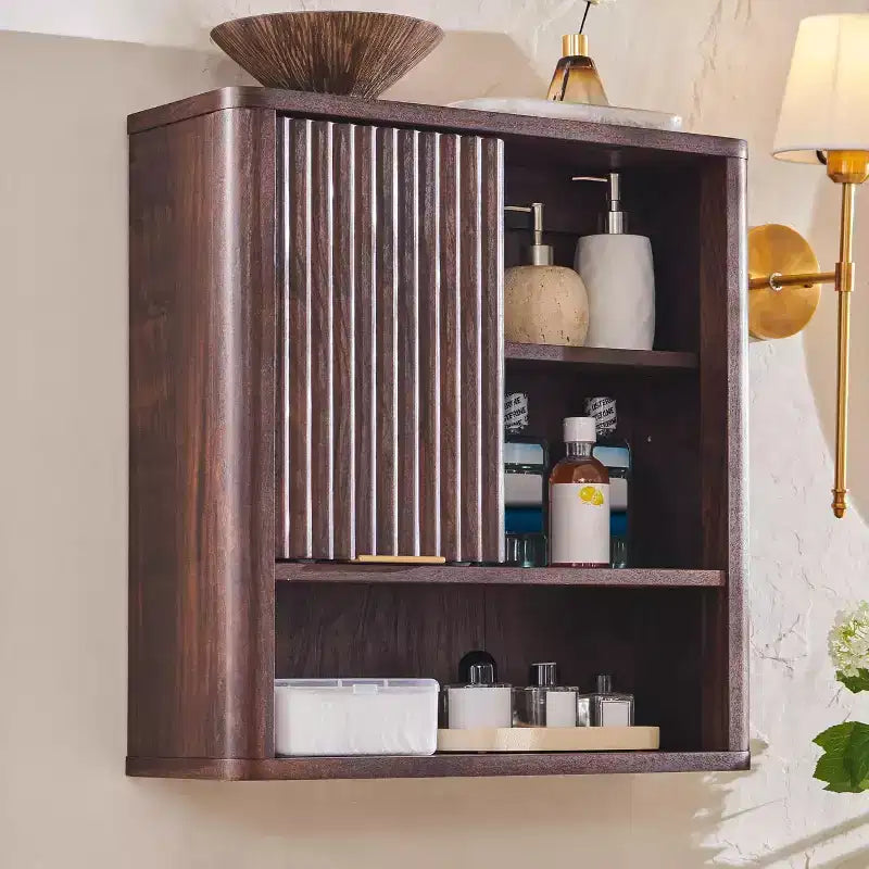 Pensile da bagno con anta scorrevole, Armadietto pensile in legno con ripiano regolabile e piano in finto marmo, Sopra il WC, Mobiletto da bagno