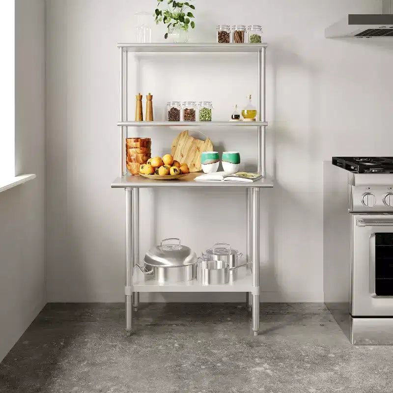 Tavolo da preparazione e lavoro portatile con ripiano superiore in acciaio inossidabile calibro 18, doppio ripiano superiore e ripiano inferiore in acciaio zincato