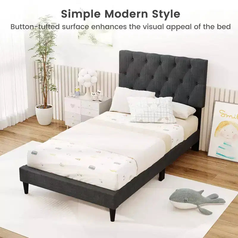 Telaio letto Twin/Full/Queen size con testiera trapuntata e doghe in legno, facile da montare