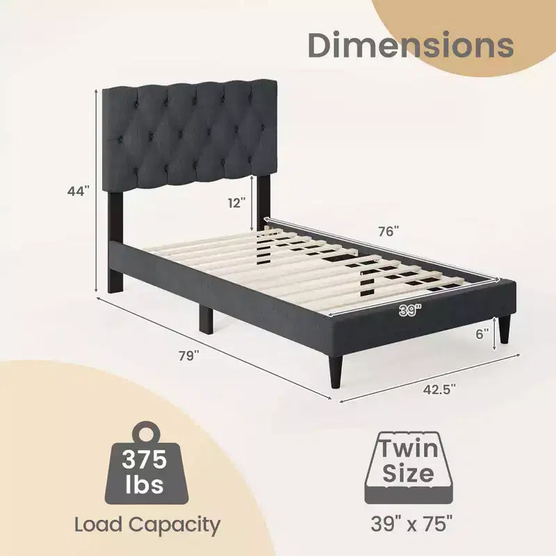 Telaio letto Twin/Full/Queen size con testiera trapuntata e doghe in legno, facile da montare