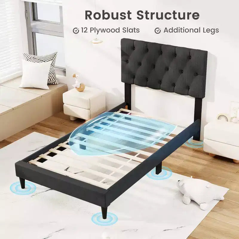 Telaio letto Twin/Full/Queen size con testiera trapuntata e doghe in legno, facile da montare