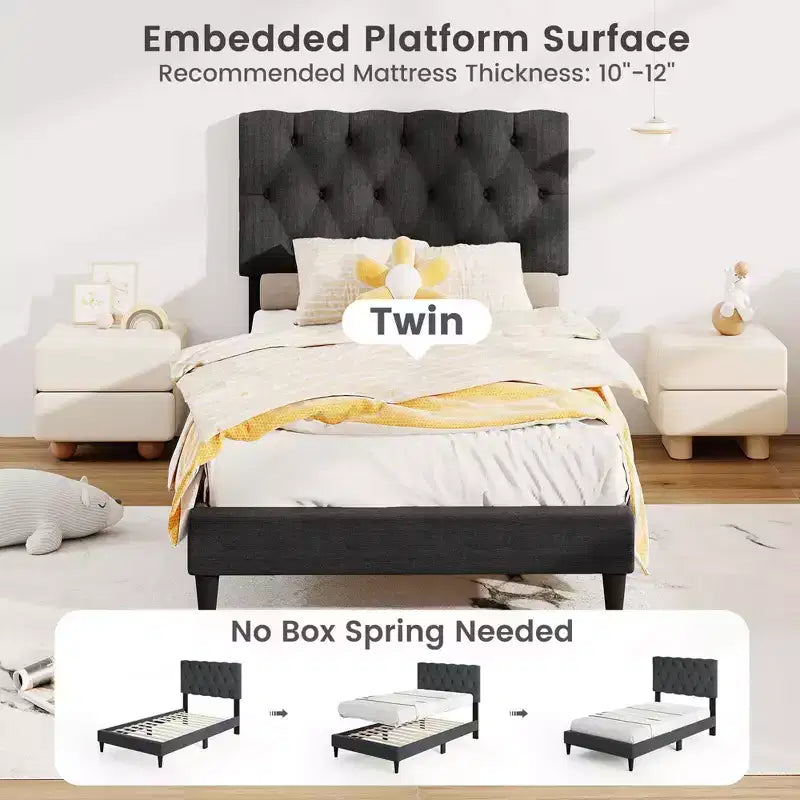 Telaio letto Twin/Full/Queen size con testiera trapuntata e doghe in legno, facile da montare
