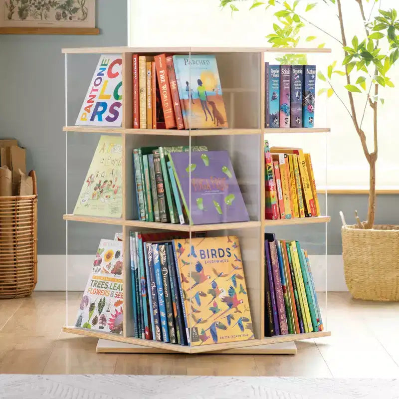 Espositore girevole per libri grandi bianco: libreria a 3 ripiani per bambini per riporre in classe, organizer per libri con ripiani in acrilico per l'organizzazione della scuola a casa