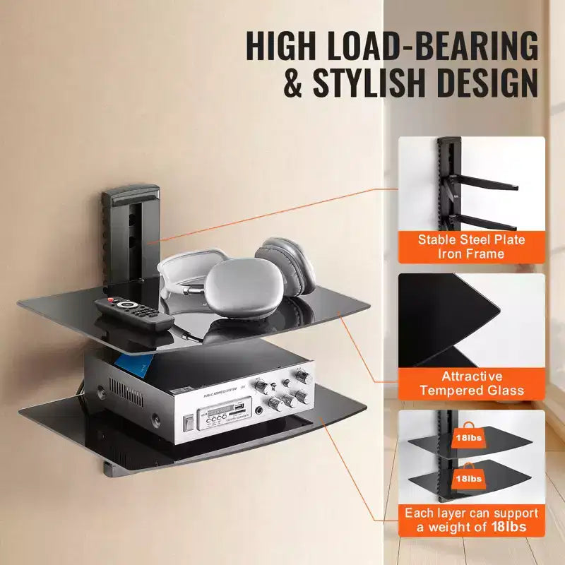Mensole Fluttuanti in Vetro, Capacità fino a 8 kg, Supporto TV da Parete con Mensola, Centro Intrattenimento Fluttuante per Lettori DVD / PS4 - 2 Ripiani