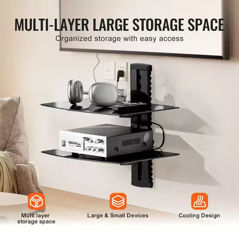Mensole Fluttuanti in Vetro, Capacità fino a 8 kg, Supporto TV da Parete con Mensola, Centro Intrattenimento Fluttuante per Lettori DVD / PS4 - 2 Ripiani