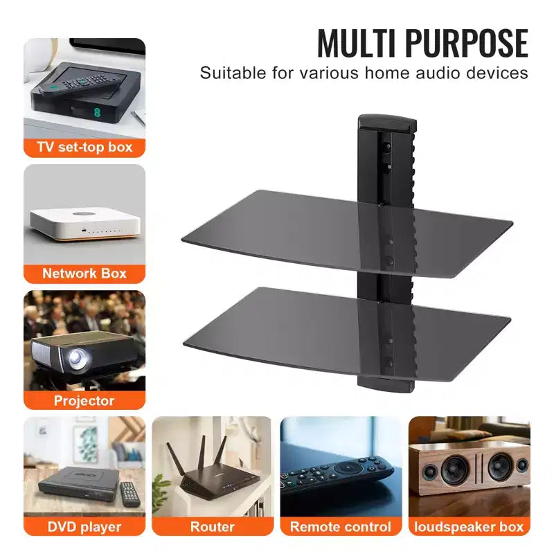 Mensole Fluttuanti in Vetro, Capacità fino a 8 kg, Supporto TV da Parete con Mensola, Centro Intrattenimento Fluttuante per Lettori DVD / PS4 - 2 Ripiani