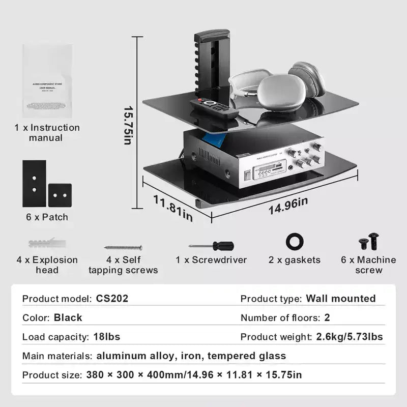 Mensole Fluttuanti in Vetro, Capacità fino a 8 kg, Supporto TV da Parete con Mensola, Centro Intrattenimento Fluttuante per Lettori DVD / PS4 - 2 Ripiani