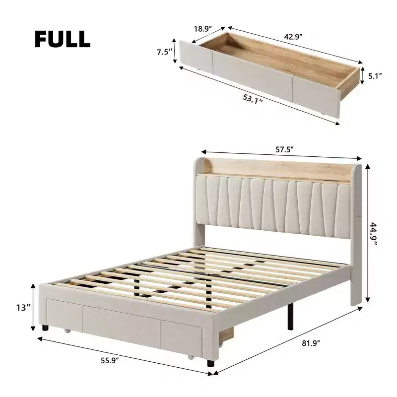 Struttura Letto con 2 Cassetti Contenitore, Letto a Piattaforma Imbottito con Testiera Contenitore, Base Materasso con Supporto a Doghe in Legno Massello