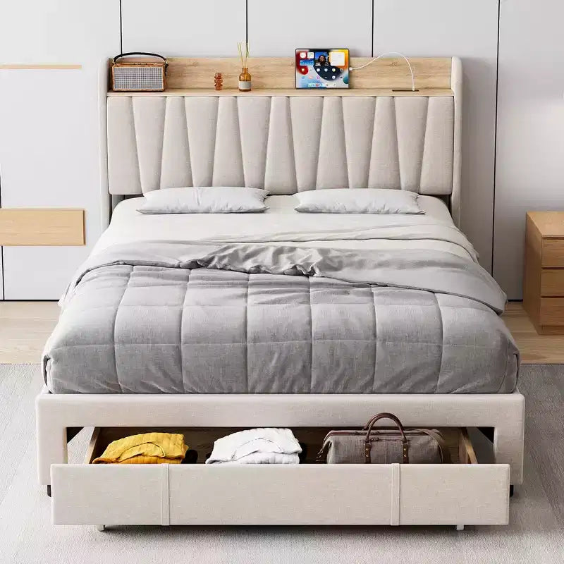Struttura Letto con 2 Cassetti Contenitore, Letto a Piattaforma Imbottito con Testiera Contenitore, Base Materasso con Supporto a Doghe in Legno Massello