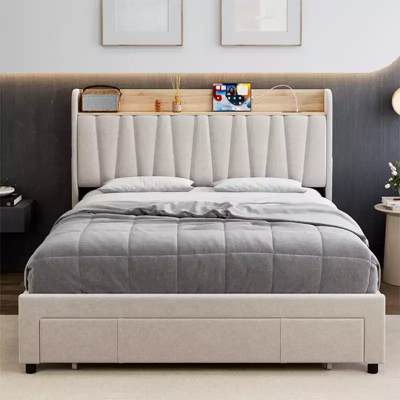 Struttura Letto con 2 Cassetti Contenitore, Letto a Piattaforma Imbottito con Testiera Contenitore, Base Materasso con Supporto a Doghe in Legno Massello