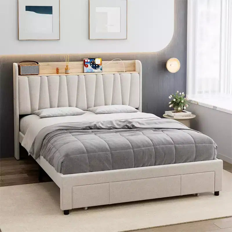 Struttura Letto con 2 Cassetti Contenitore, Letto a Piattaforma Imbottito con Testiera Contenitore, Base Materasso con Supporto a Doghe in Legno Massello