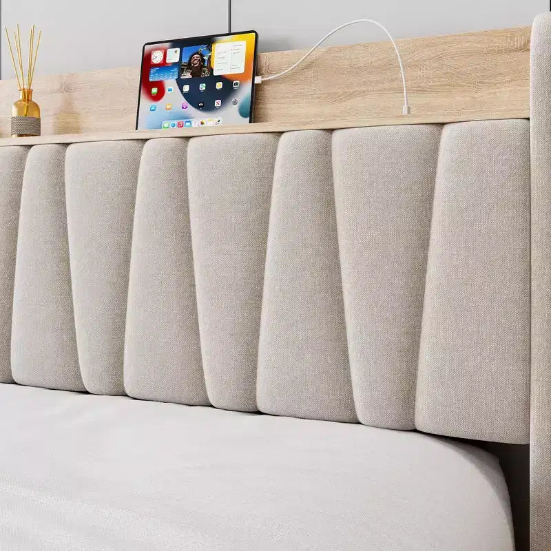 Struttura Letto con 2 Cassetti Contenitore, Letto a Piattaforma Imbottito con Testiera Contenitore, Base Materasso con Supporto a Doghe in Legno Massello
