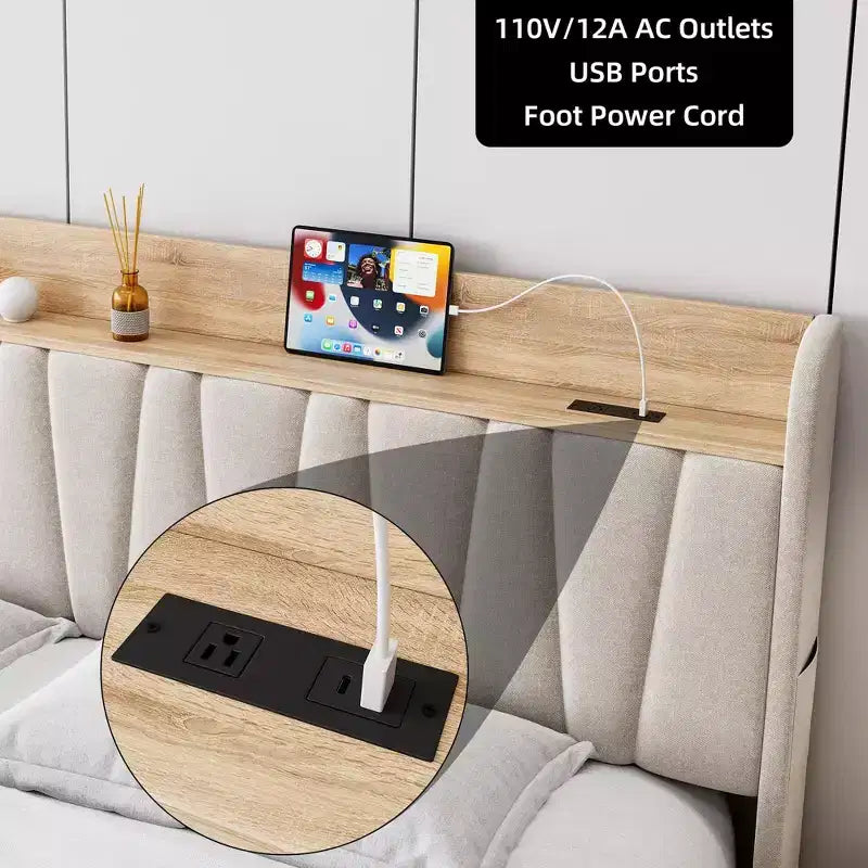 Struttura Letto con 2 Cassetti Contenitore, Letto a Piattaforma Imbottito con Testiera Contenitore, Base Materasso con Supporto a Doghe in Legno Massello