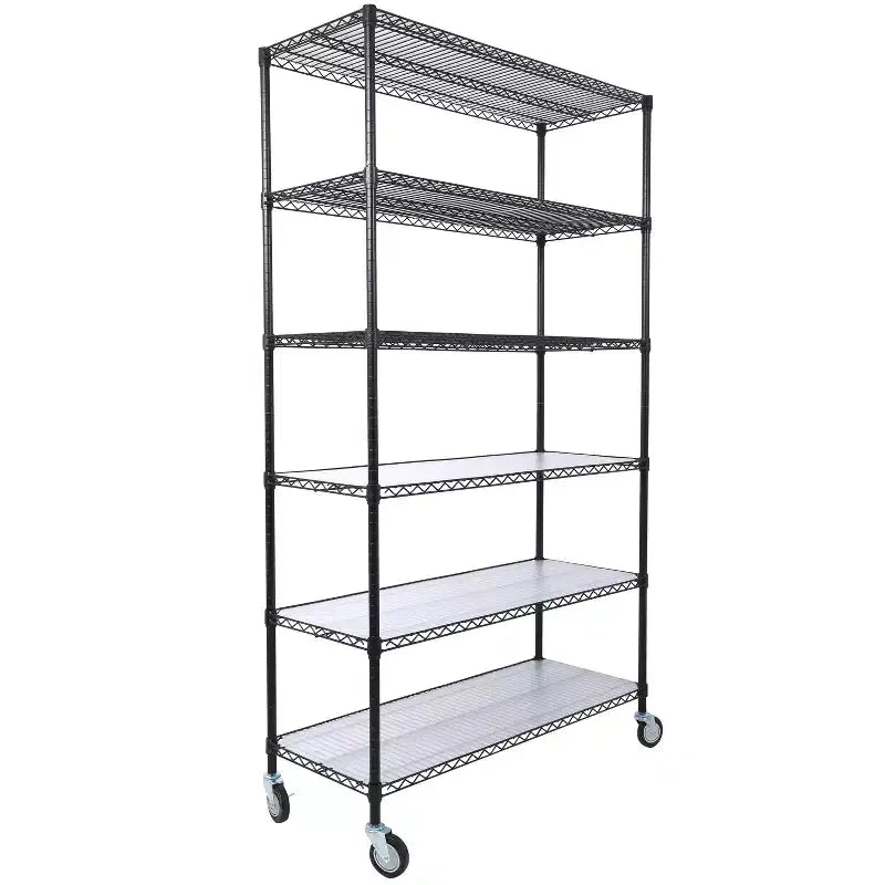Scaffale a 6 ripiani in filo metallico NSF da 6000 libbre, struttura robusta regolabile con ruote e copriripiani (nero, 84H48L20D)