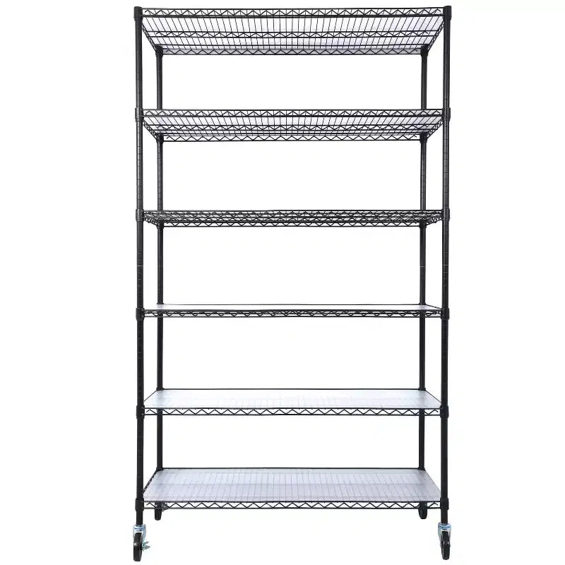 Scaffale a 6 ripiani in filo metallico NSF da 6000 libbre, struttura robusta regolabile con ruote e copriripiani (nero, 84H48L20D)