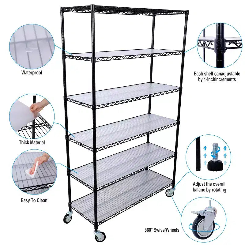 Scaffale a 6 ripiani in filo metallico NSF da 6000 libbre, struttura robusta regolabile con ruote e copriripiani (nero, 84H48L20D)
