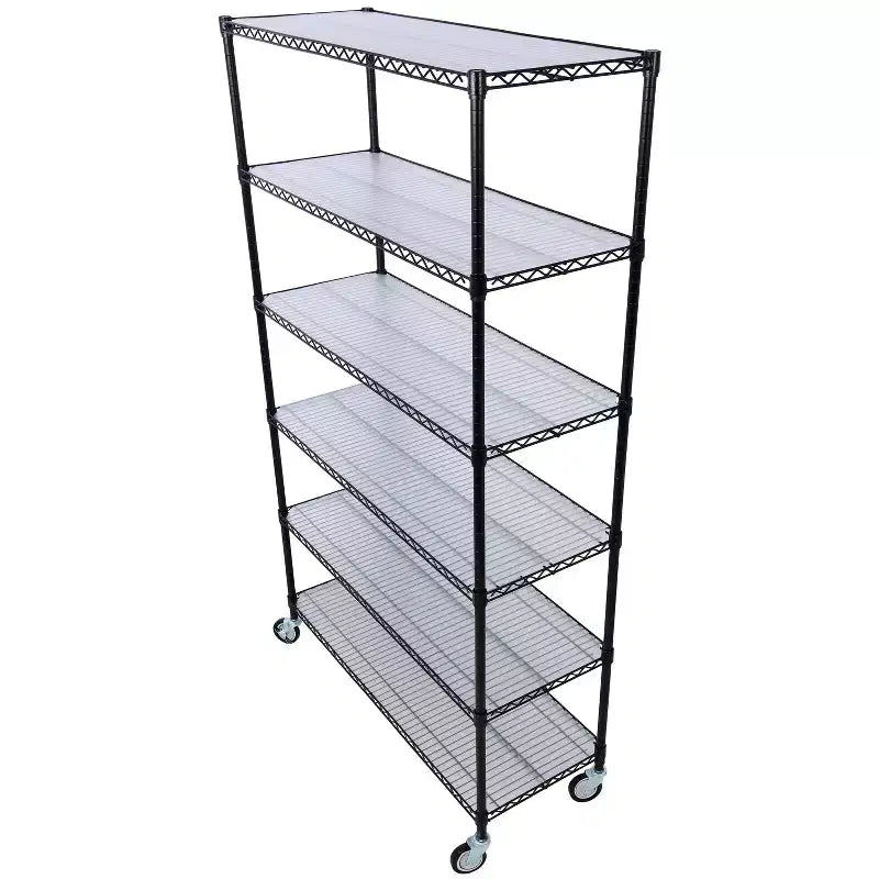 Scaffale a 6 ripiani in filo metallico NSF da 6000 libbre, struttura robusta regolabile con ruote e copriripiani (nero, 84H48L20D)