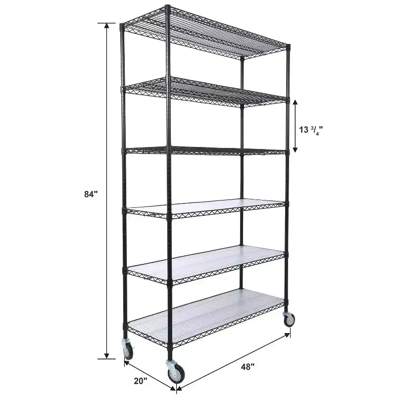 Scaffale a 6 ripiani in filo metallico NSF da 6000 libbre, struttura robusta regolabile con ruote e copriripiani (nero, 84H48L20D)