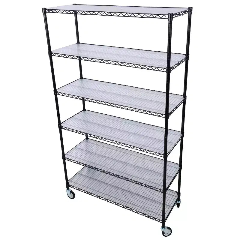 Scaffale a 6 ripiani in filo metallico NSF da 6000 libbre, struttura robusta regolabile con ruote e copriripiani (nero, 84H48L20D)