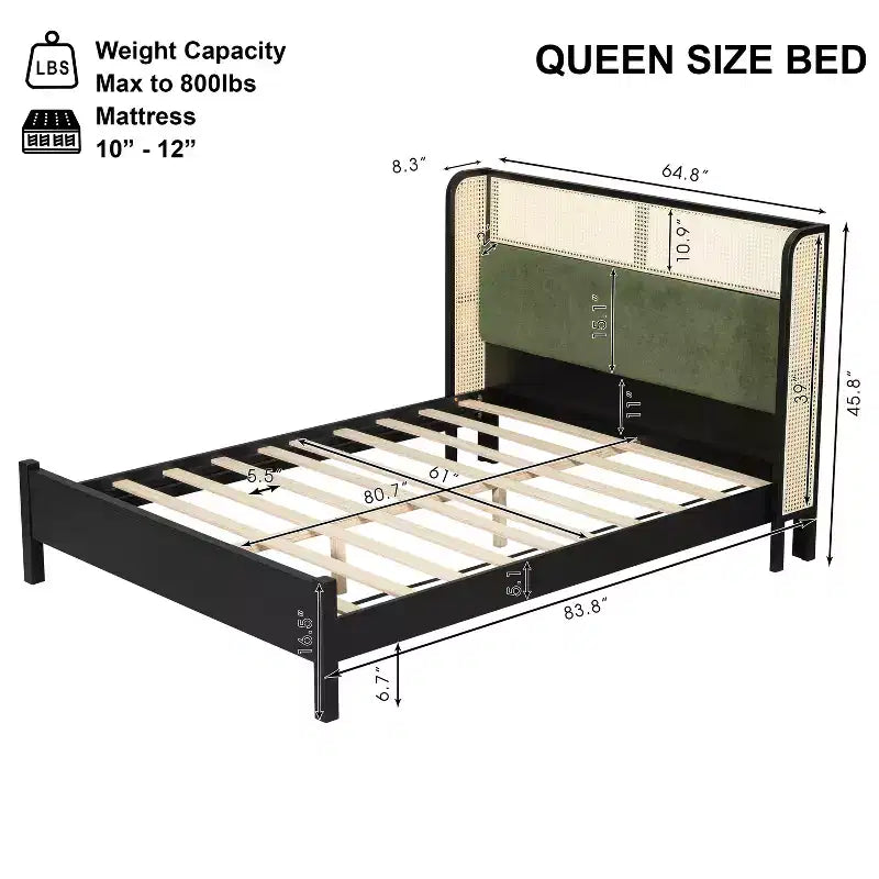 Struttura letto a piattaforma Queen/King Size con testiera imbottita Wingback e robusto telaio in legno, Bohémien