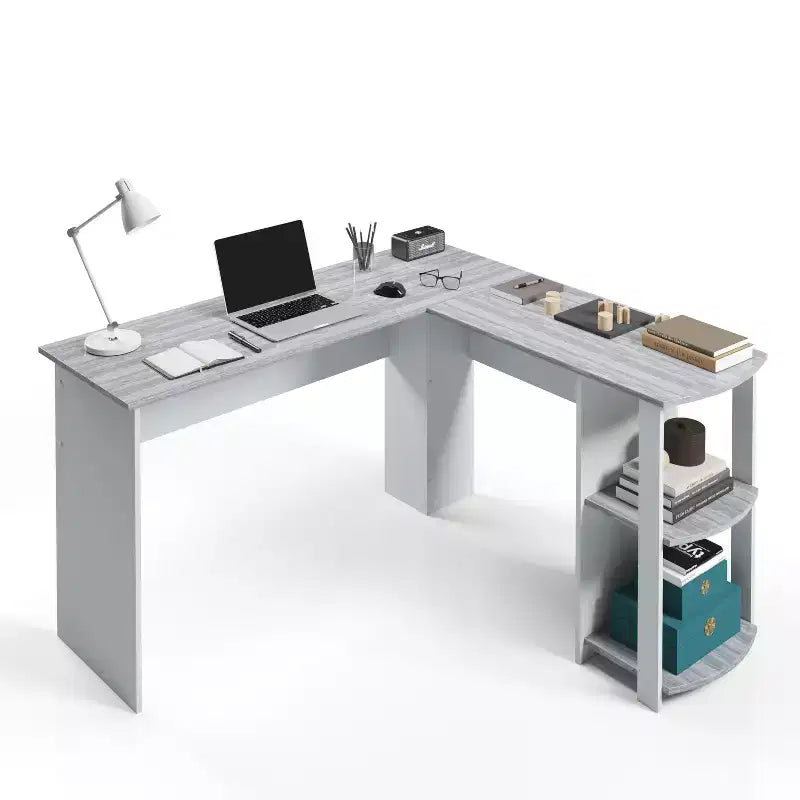 Scrivania angolare a L moderna, scrivania da ufficio con due mensole laterali, pannelli in legno laminato, grigio