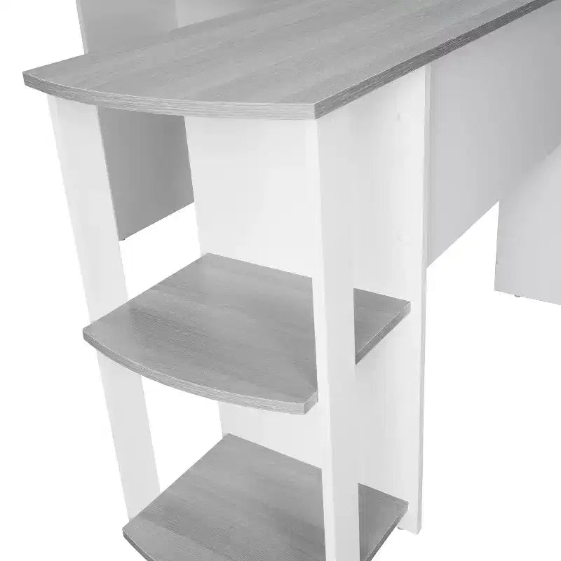 Scrivania angolare a L moderna, scrivania da ufficio con due mensole laterali, pannelli in legno laminato, grigio