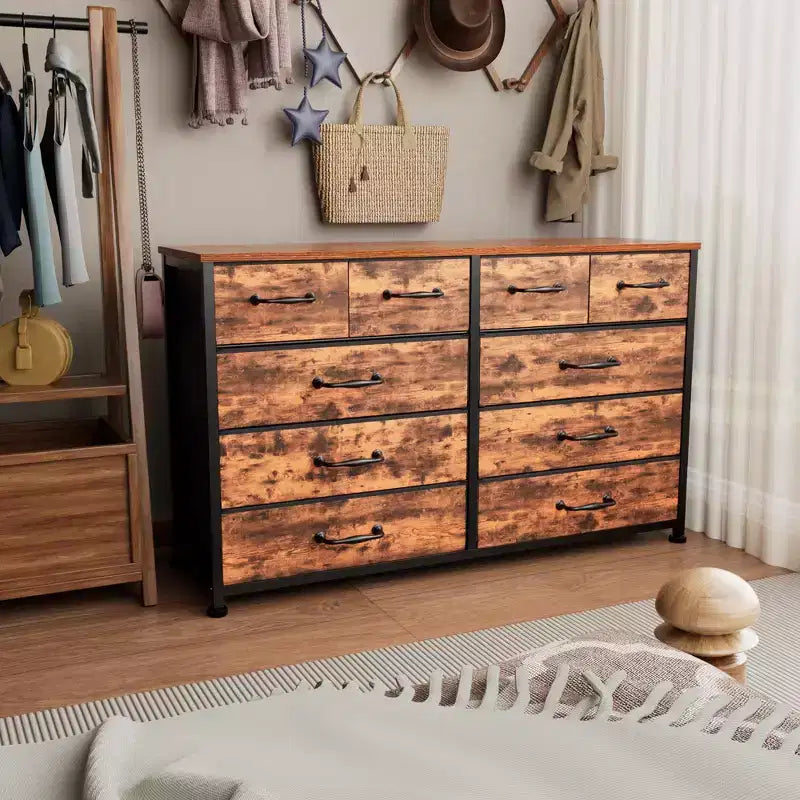 Cassettiera Larga Rustica Marrone a 10 Cassetti, Mobile Contenitore in Tessuto, Grande Unità Organizzativa, Mobili per Camera da Letto, Mobile TV da Ingresso da 50 Pollici