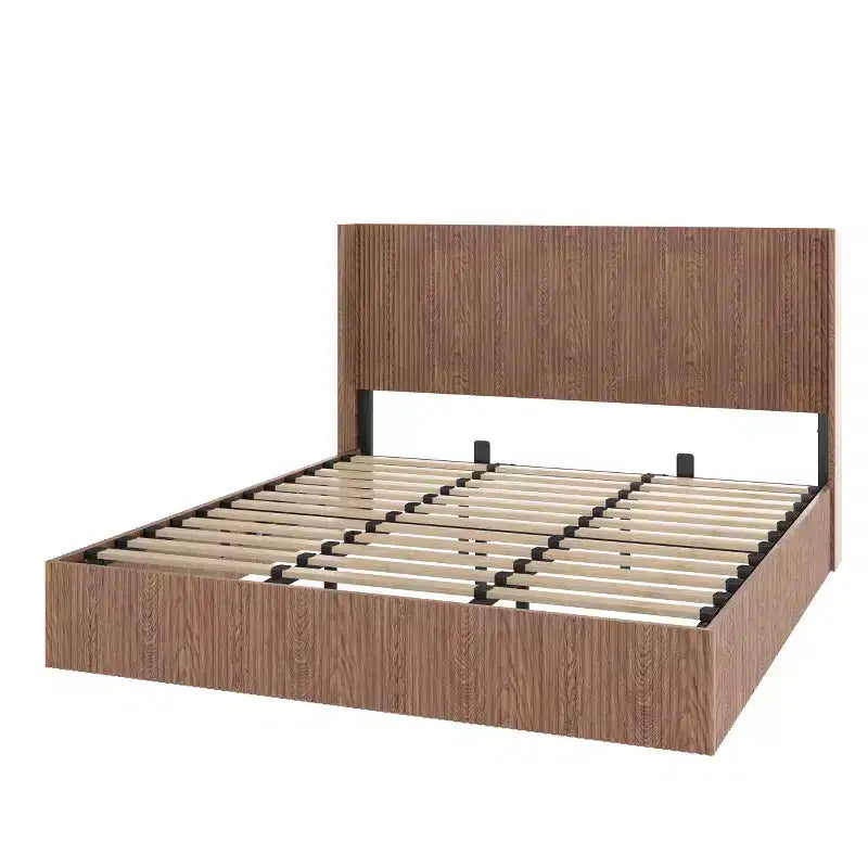 Struttura Letto Matrimoniale Extra-Large con Motivo a Onde e Contenitore Sollevabile, Senza Molle/Silenziosa, Legno Naturale a Doghe Marrone