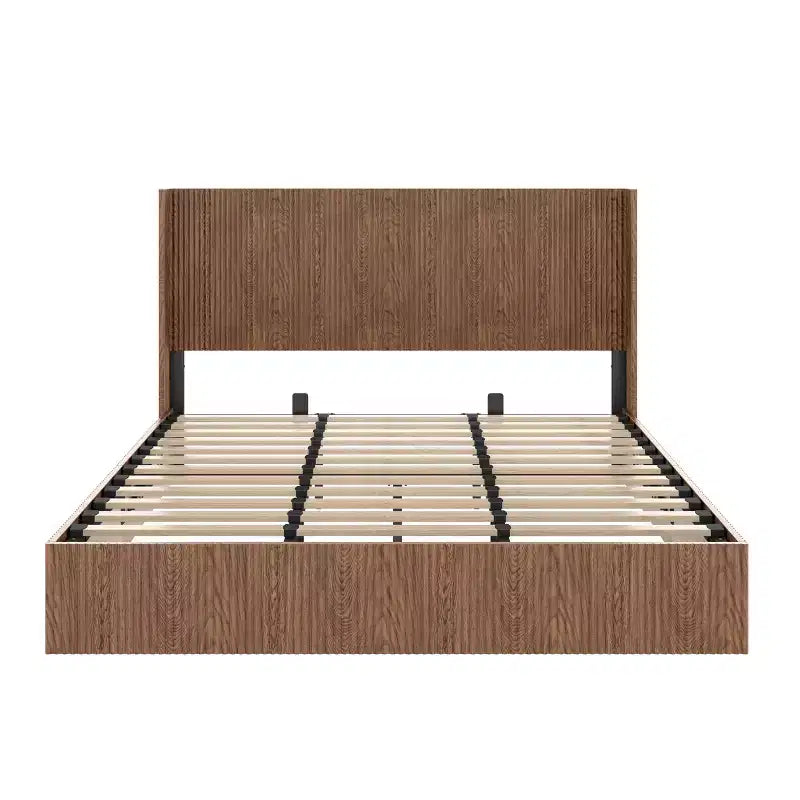 Struttura Letto Matrimoniale Extra-Large con Motivo a Onde e Contenitore Sollevabile, Senza Molle/Silenziosa, Legno Naturale a Doghe Marrone