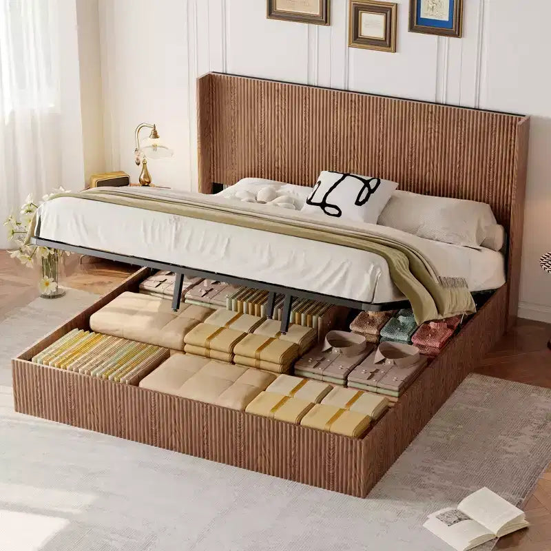 Struttura Letto Matrimoniale Extra-Large con Motivo a Onde e Contenitore Sollevabile, Senza Molle/Silenziosa, Legno Naturale a Doghe Marrone