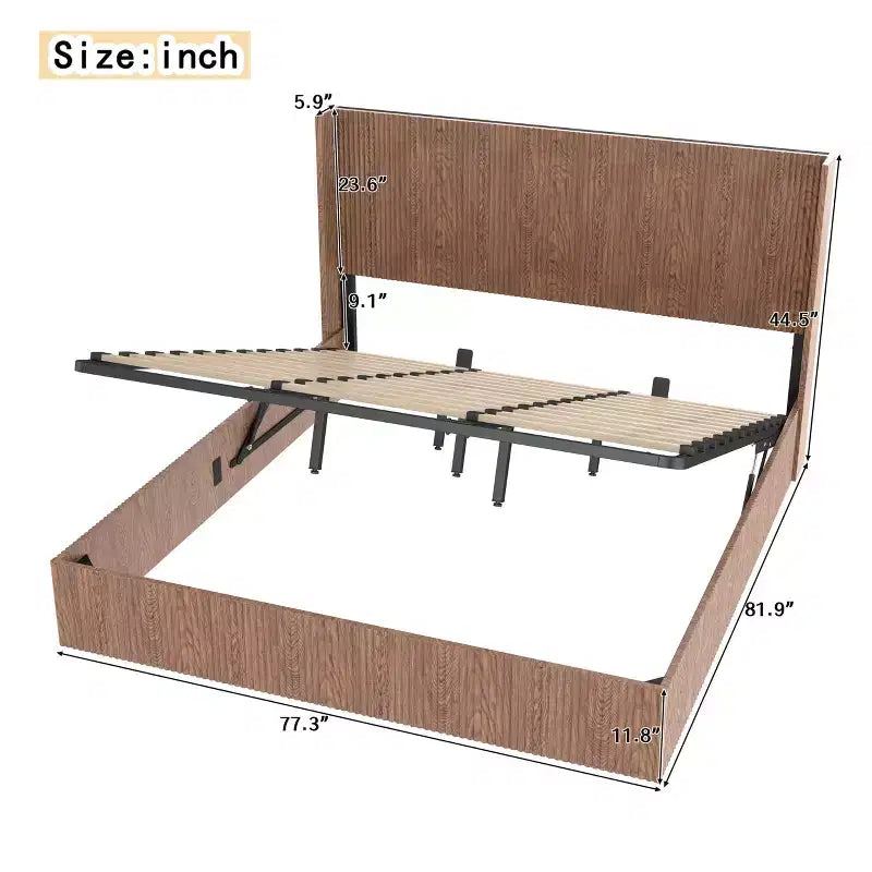 Struttura Letto Matrimoniale Extra-Large con Motivo a Onde e Contenitore Sollevabile, Senza Molle/Silenziosa, Legno Naturale a Doghe Marrone