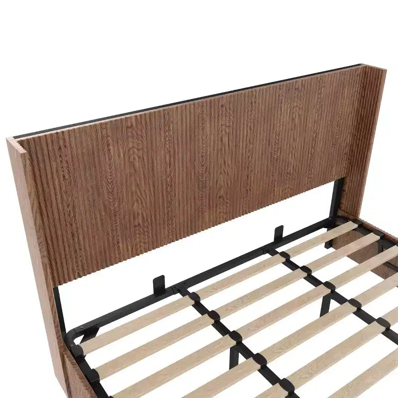 Struttura Letto Matrimoniale Extra-Large con Motivo a Onde e Contenitore Sollevabile, Senza Molle/Silenziosa, Legno Naturale a Doghe Marrone