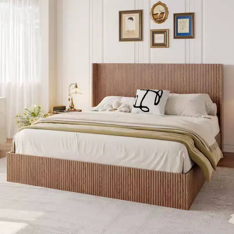 Struttura Letto Matrimoniale Extra-Large con Motivo a Onde e Contenitore Sollevabile, Senza Molle/Silenziosa, Legno Naturale a Doghe Marrone