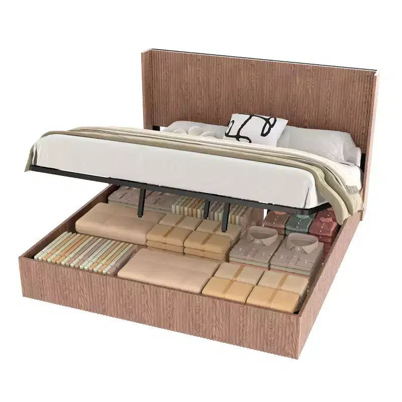 Struttura Letto Matrimoniale Extra-Large con Motivo a Onde e Contenitore Sollevabile, Senza Molle/Silenziosa, Legno Naturale a Doghe Marrone
