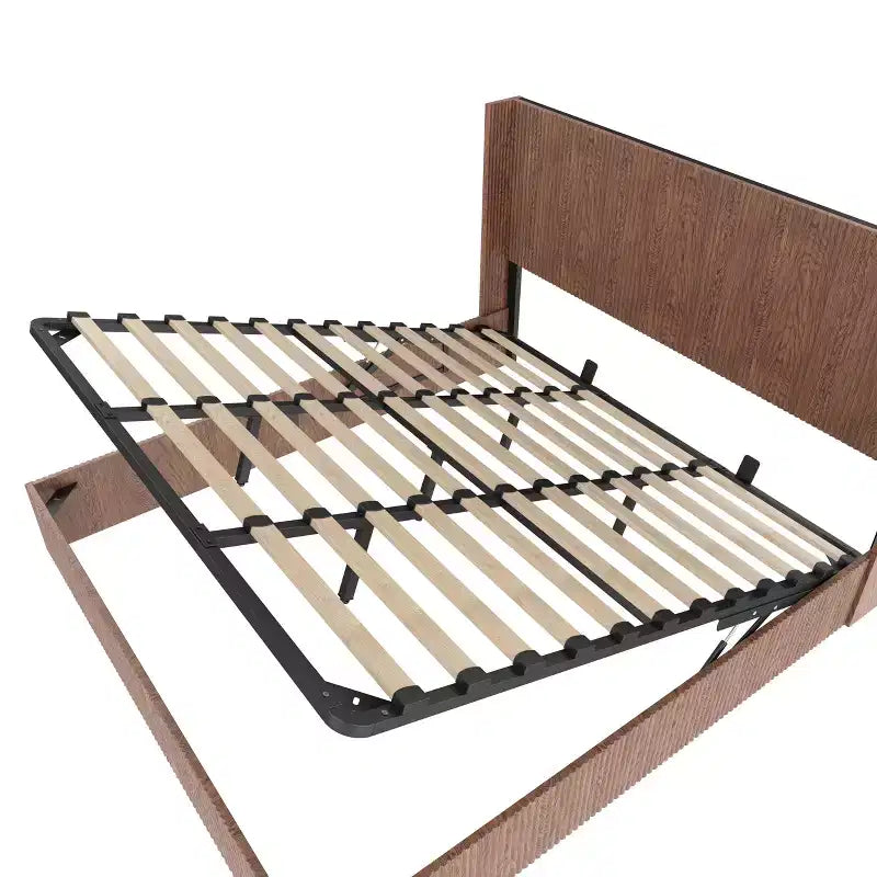 Struttura Letto Matrimoniale Extra-Large con Motivo a Onde e Contenitore Sollevabile, Senza Molle/Silenziosa, Legno Naturale a Doghe Marrone